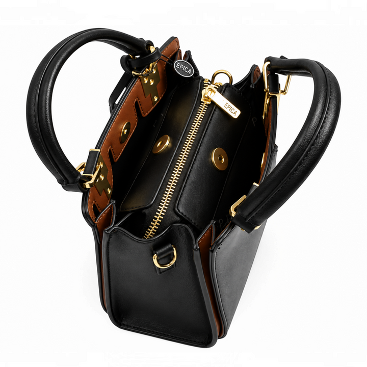 ada-shoes.ro Epica structured black faux leather handbag with brown contrast details and gold metal hardware