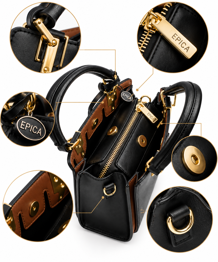 ada-shoes.ro Epica structured black faux leather handbag with brown accents, gold hardware, and detachable strap.
