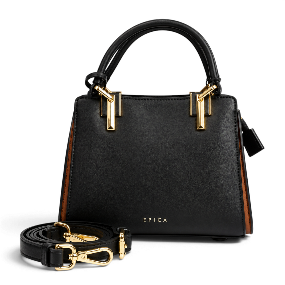 ada-shoes.ro Epica structured black faux leather handbag with brown side details and gold hardware, includes shoulder strap