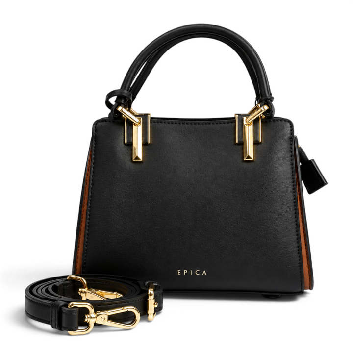 ada-shoes.ro Epica structured black faux leather handbag with brown side details and gold hardware, includes shoulder strap