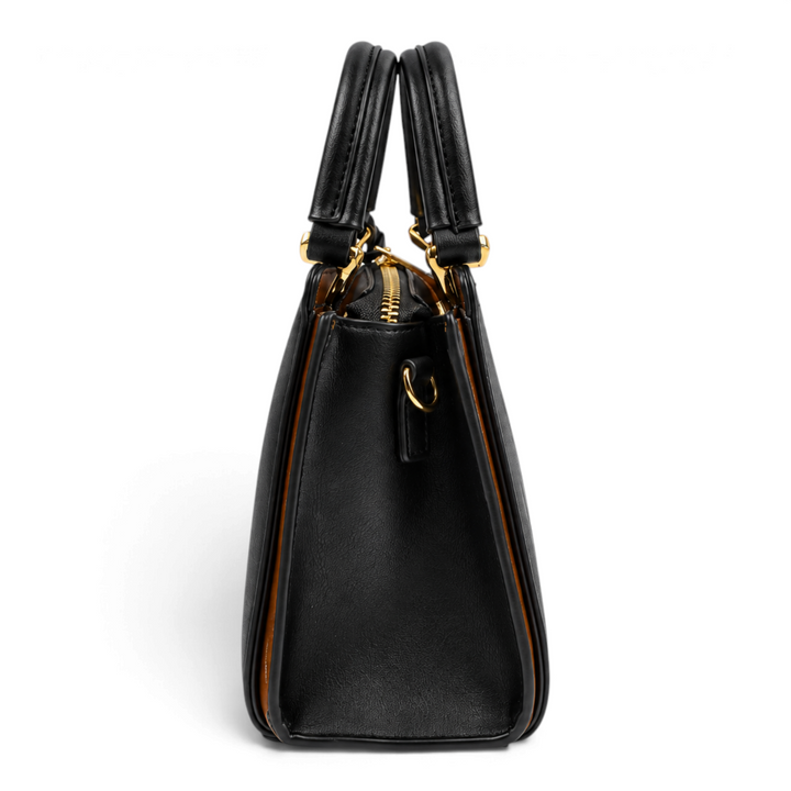 ada-shoes.ro Epica black faux leather handbag with brown side details and gold hardware, side view