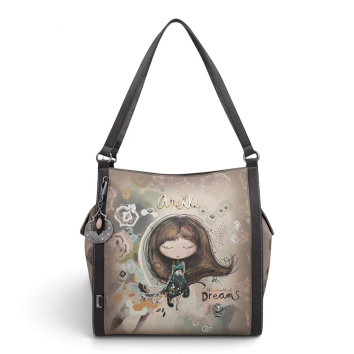 ada-shoes.ro Anekke Dreamverse hobo bag in beige and brown faux leather with artistic illustration and gold logo