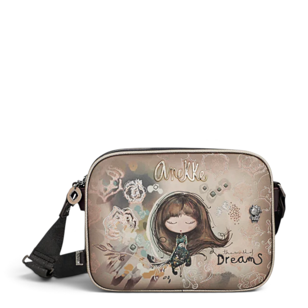 ada-shoes.ro Anekke Dreamverse crossbody bag in taupe and brown faux leather with artistic illustration and gold logo