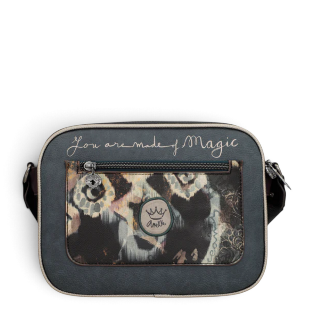 ada-shoes.ro Anekke crossbody bag in taupe and grey faux leather with You are made of Magic print and metal logo