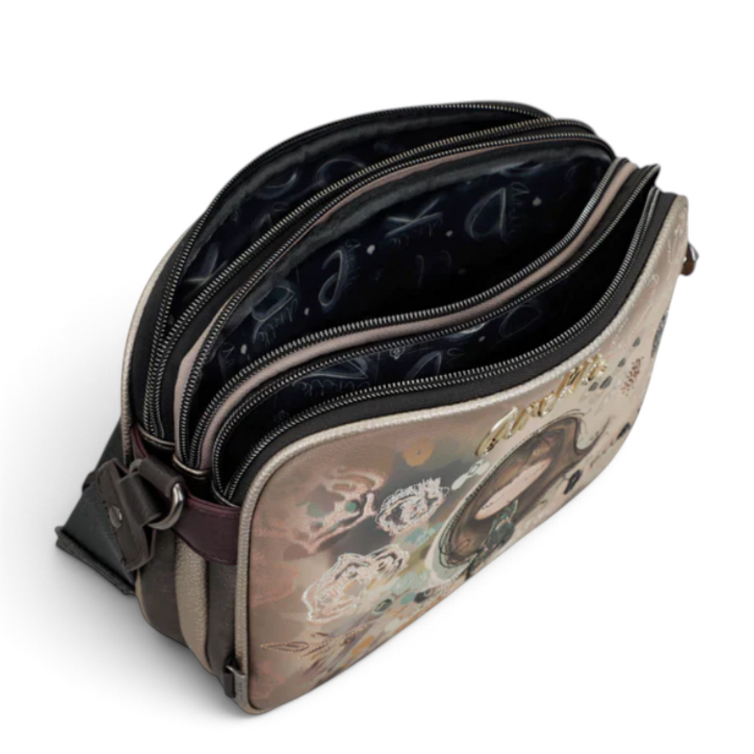 ada-shoes.ro Anekke crossbody bag in taupe and brown faux leather with two zippered compartments and artistic print