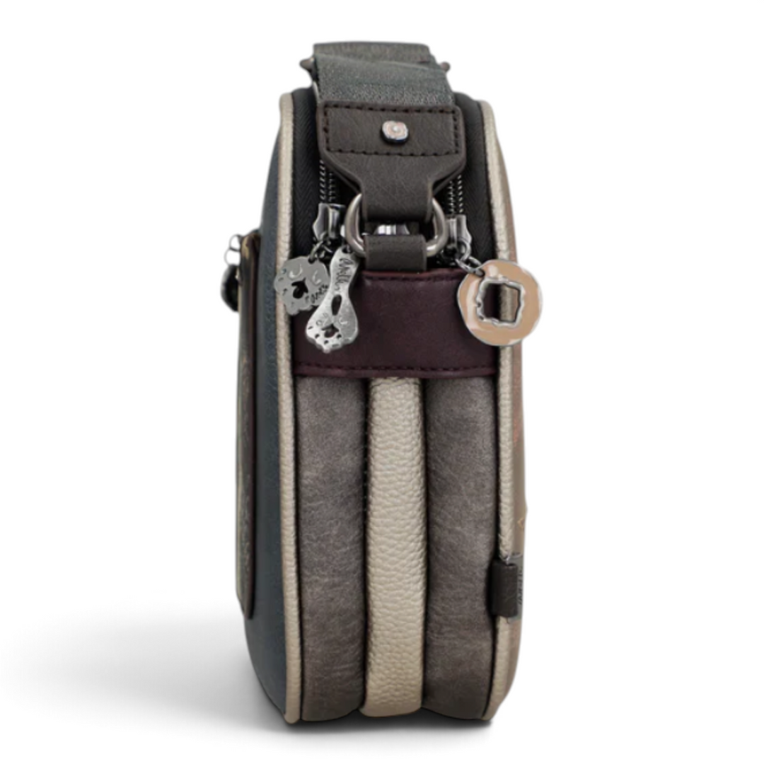 Side view of an ada-shoes.ro Anekke crossbody bag in taupe, grey, and brown faux leather with dual zipper compartments.
