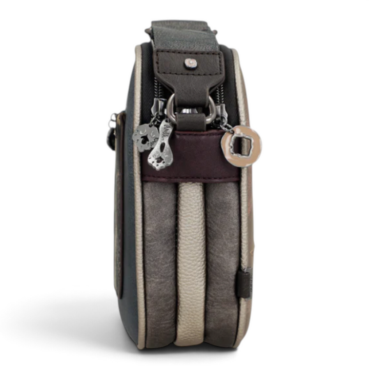 Side view of an ada-shoes.ro Anekke crossbody bag in taupe, grey, and brown faux leather with dual zipper compartments.