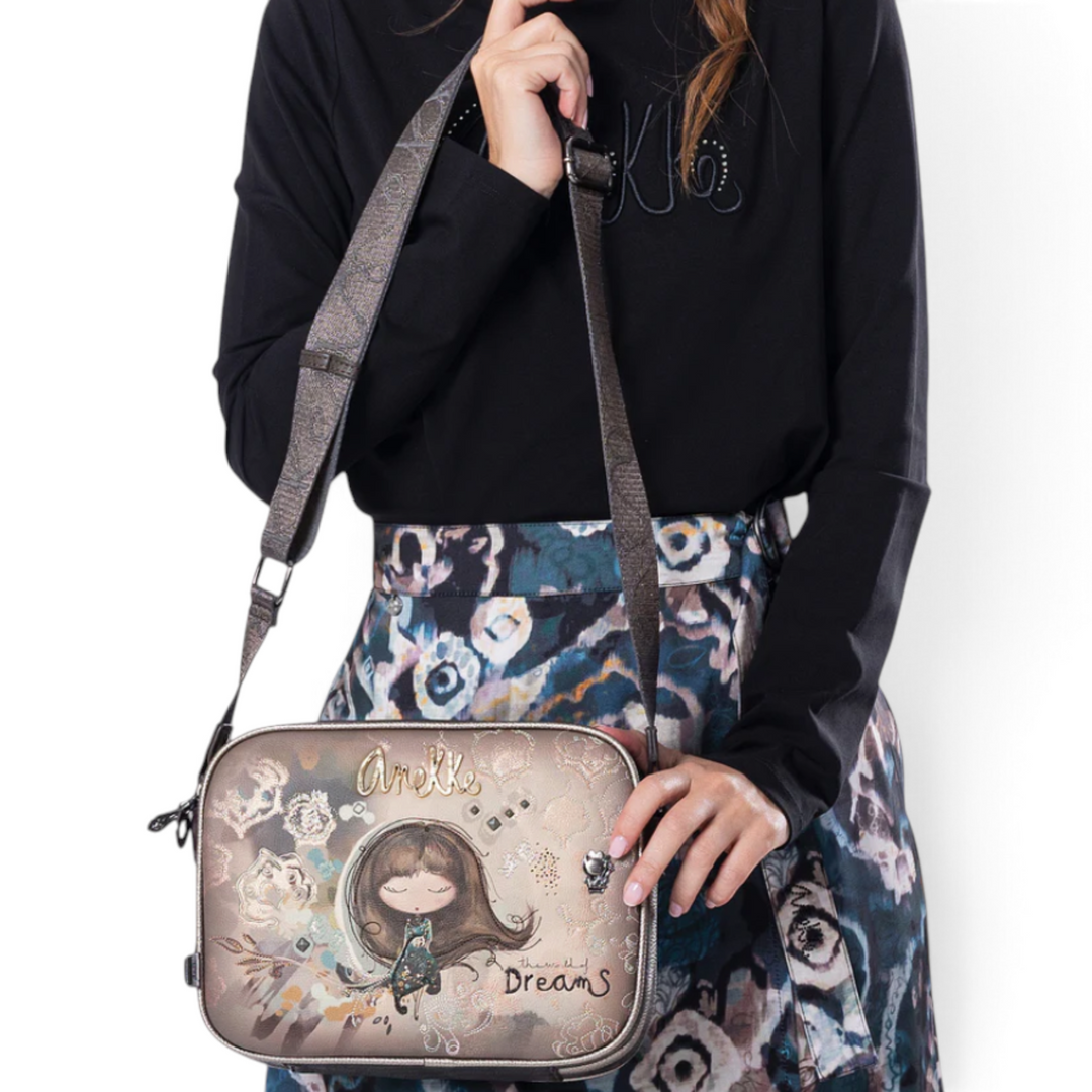 ada-shoes.ro Anekke Dreamverse crossbody bag in taupe and brown faux leather with artistic illustration and adjustable strap
