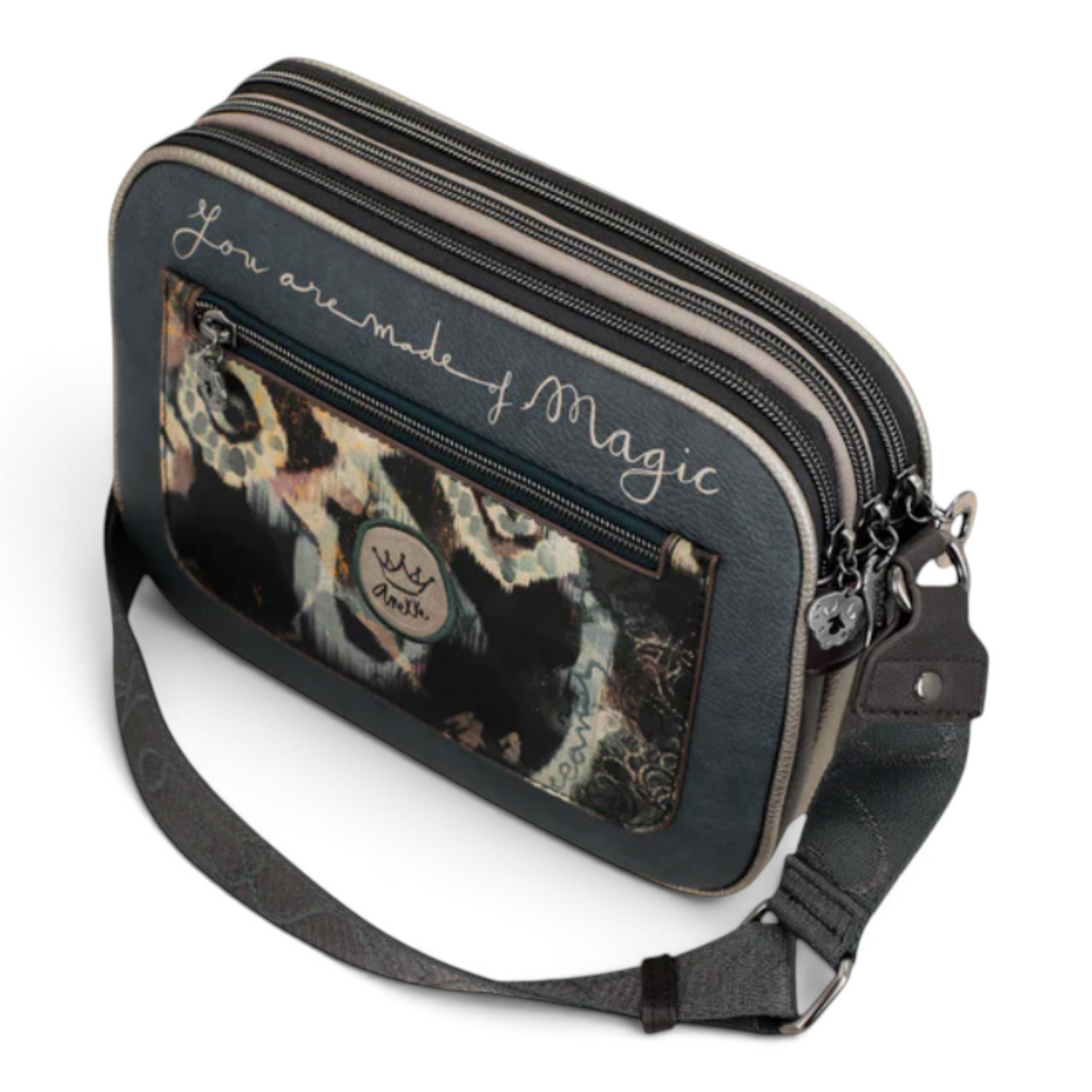 ada-shoes.ro Anekke crossbody bag in taupe and grey faux leather with two zippered compartments and artistic print.