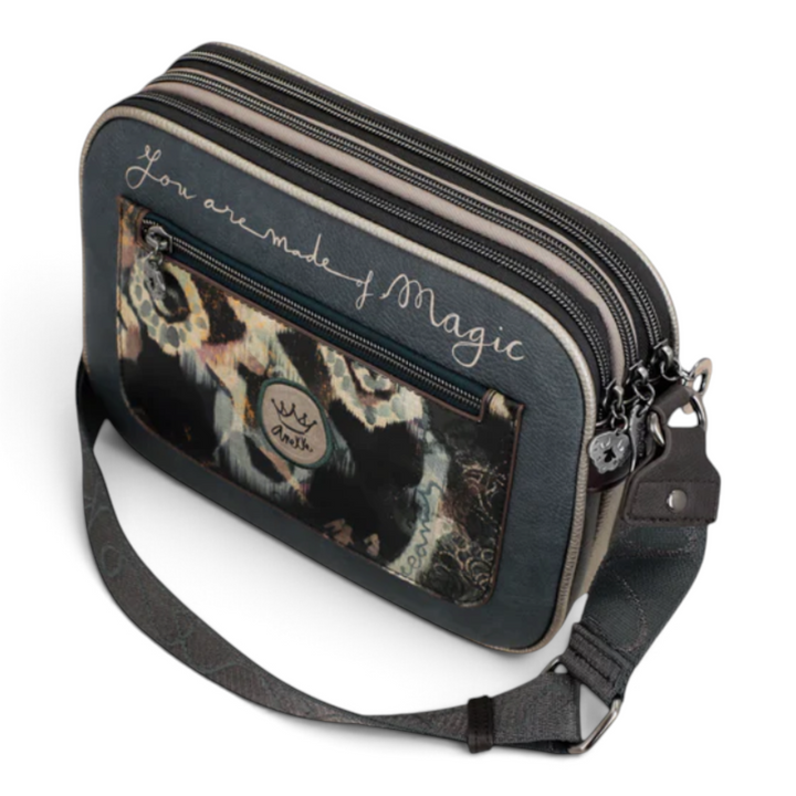 ada-shoes.ro Anekke crossbody bag in taupe and grey faux leather with two zippered compartments and artistic print.