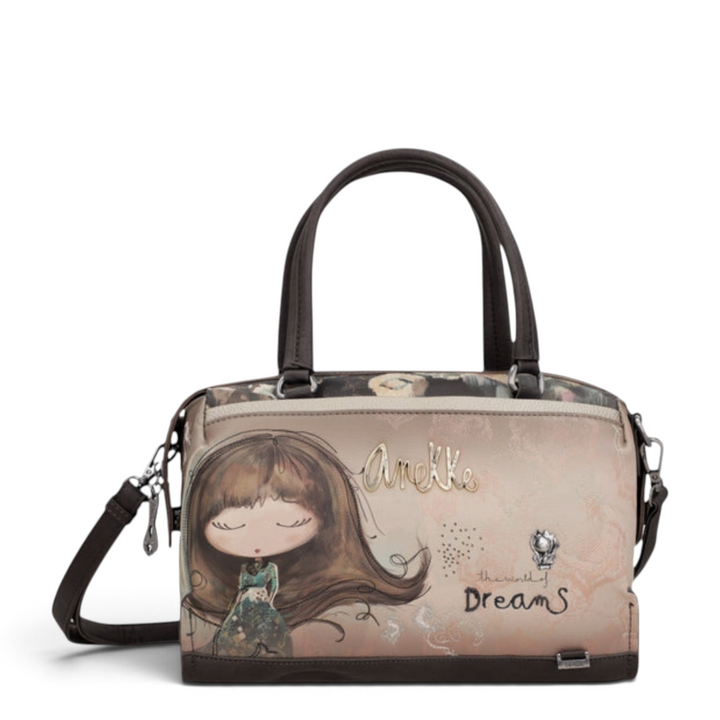 ada-shoes.ro Anekke Dreamverse bowling bag in brown and beige faux leather with artistic illustration and gold logo