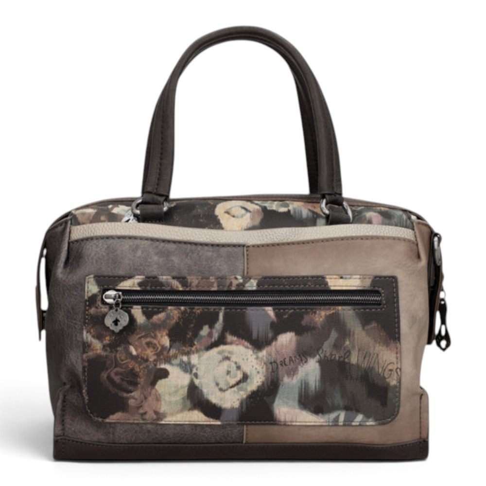 ada-shoes.ro Anekke Dreamverse bowling bag in brown and taupe faux leather with artistic print and metal logo details
