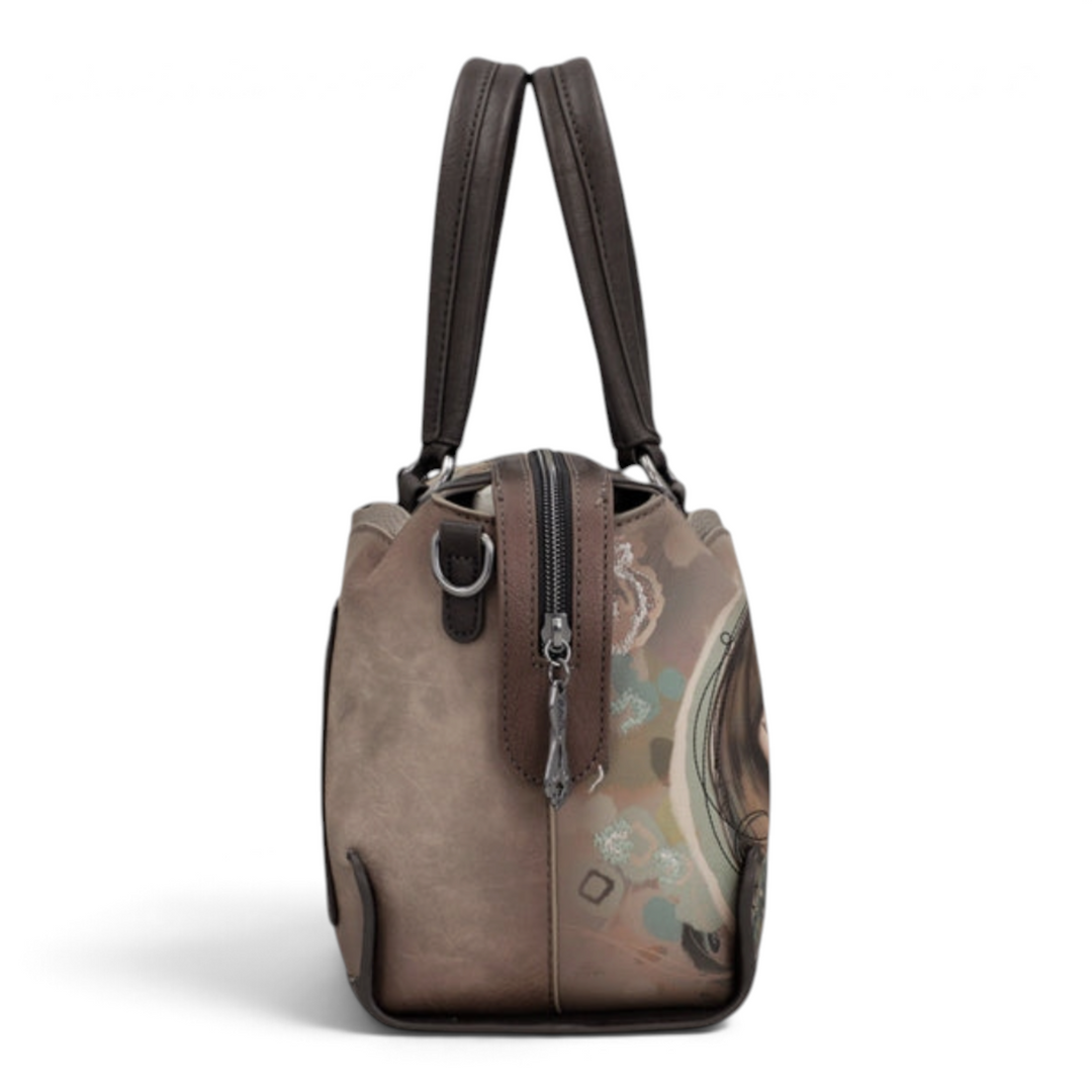 ada-shoes.ro Anekke bowling bag in brown and taupe faux leather with side view showing zipper and artistic details