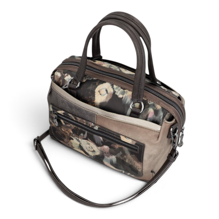 ada-shoes.ro Anekke Dreamverse bowling bag in brown and taupe faux leather with artistic print and detachable strap