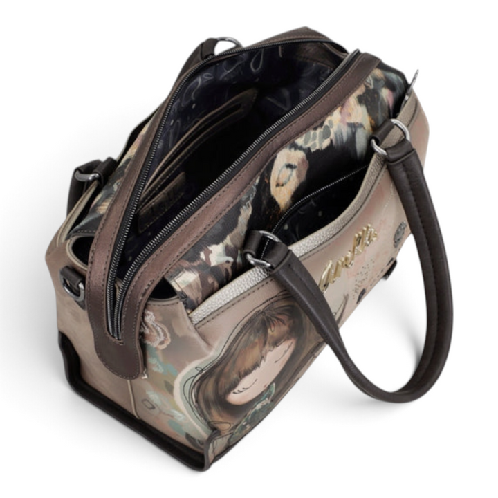 ada-shoes.ro Anekke Dreamverse bowling bag in brown and taupe faux leather with artistic illustration and top zipper