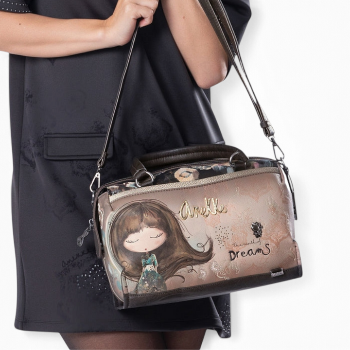 ada-shoes.ro Anekke Dreamverse bowling bag in brown and taupe faux leather with artistic illustration and gold logo