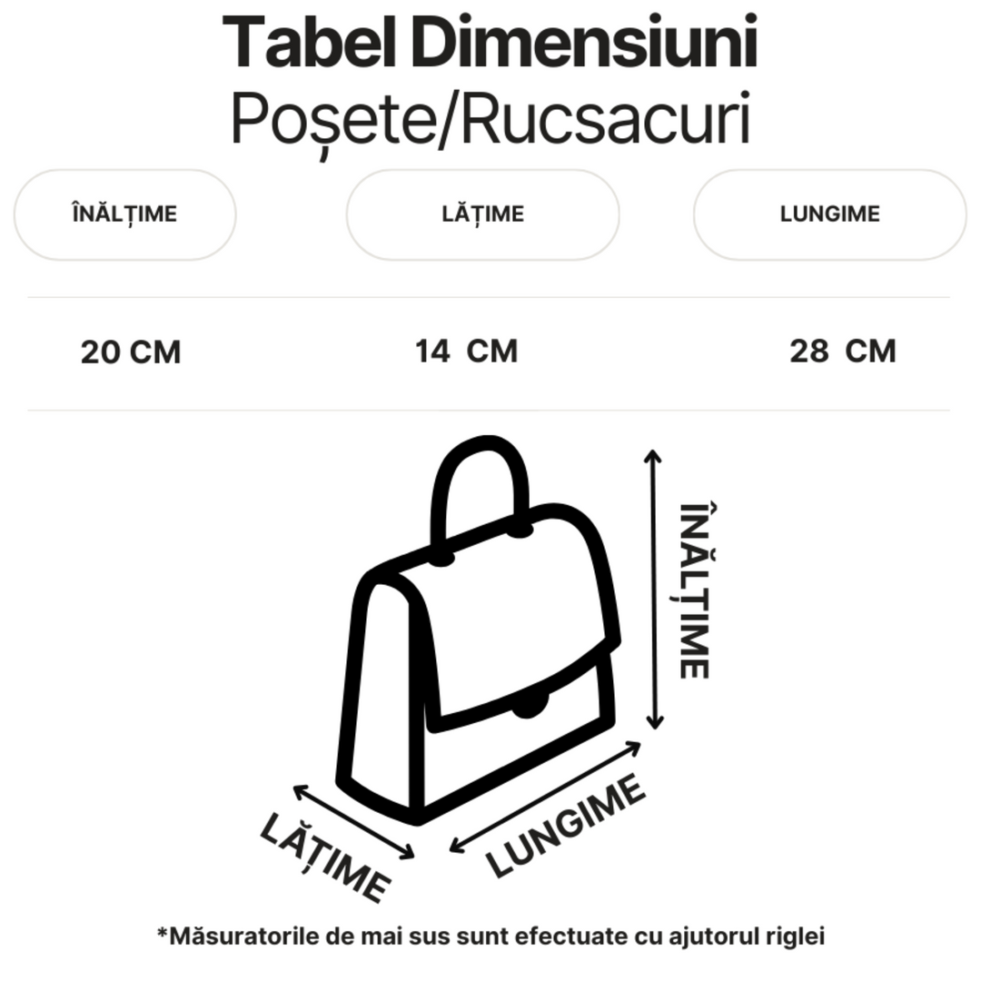 ada-shoes.ro size guide chart for Anekke handbags showing dimensions of 28cm length, 14cm width, and 20cm height