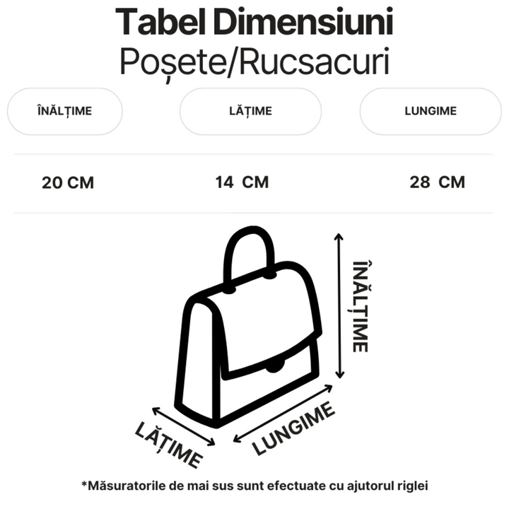 ada-shoes.ro size guide chart for Anekke handbags showing dimensions of 28cm length, 14cm width, and 20cm height