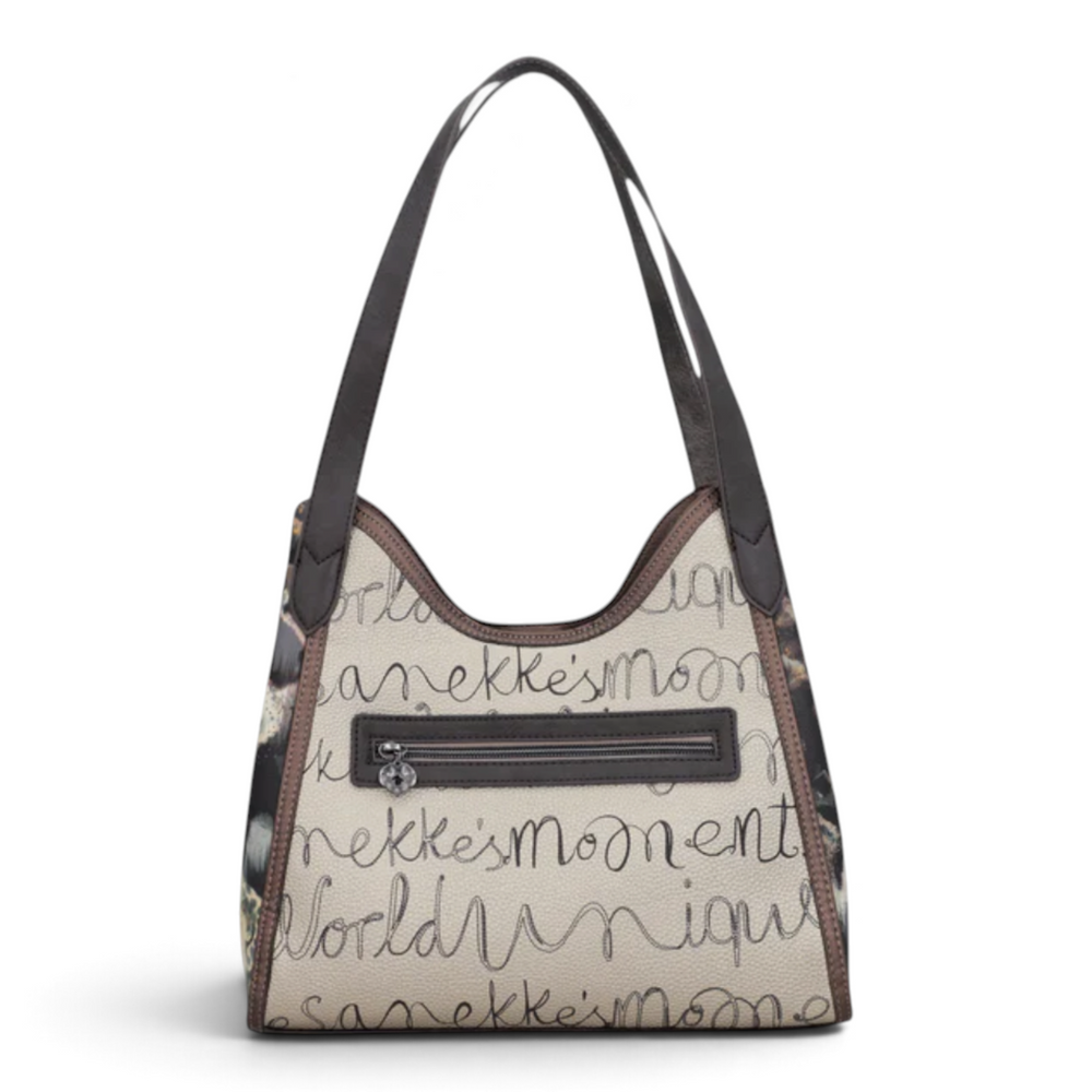 ada-shoes.ro Anekke hobo shoulder bag in beige and grey faux leather with artistic typography and front zip pocket