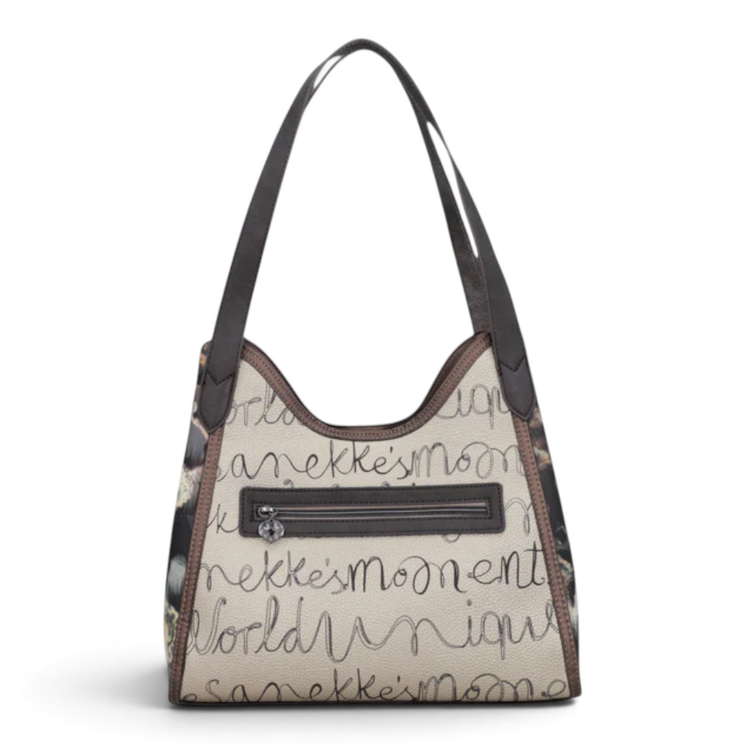 ada-shoes.ro Anekke hobo shoulder bag in beige and grey faux leather with artistic typography and front zip pocket