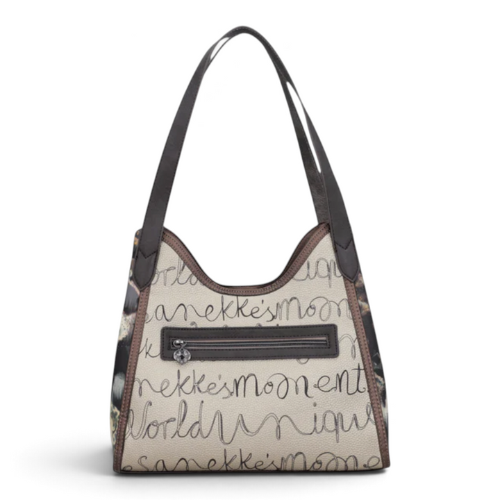 ada-shoes.ro Anekke hobo shoulder bag in beige and grey faux leather with artistic typography and front zip pocket