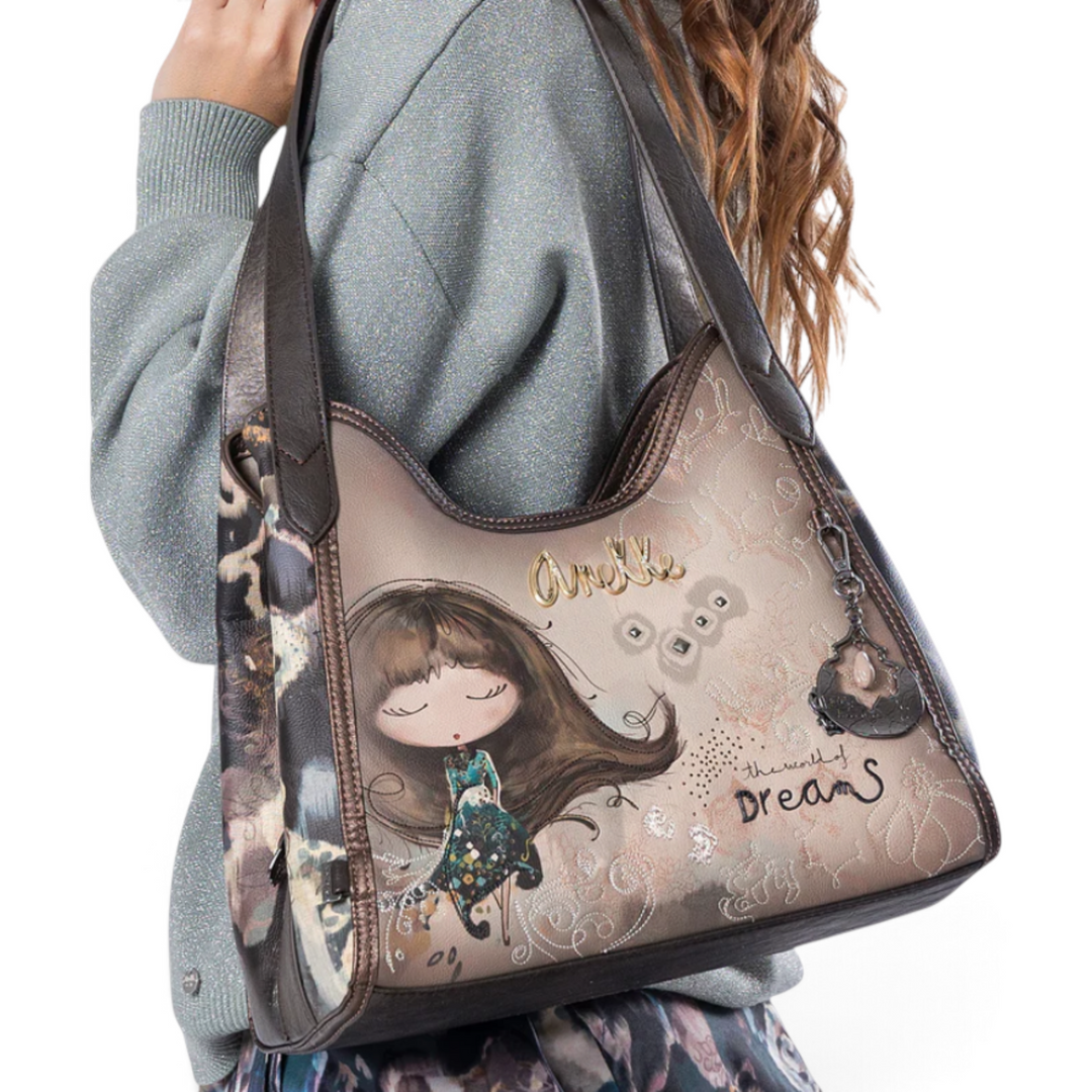 ada-shoes.ro Anekke hobo shoulder bag in grey and taupe faux leather with artistic illustration and metallic details