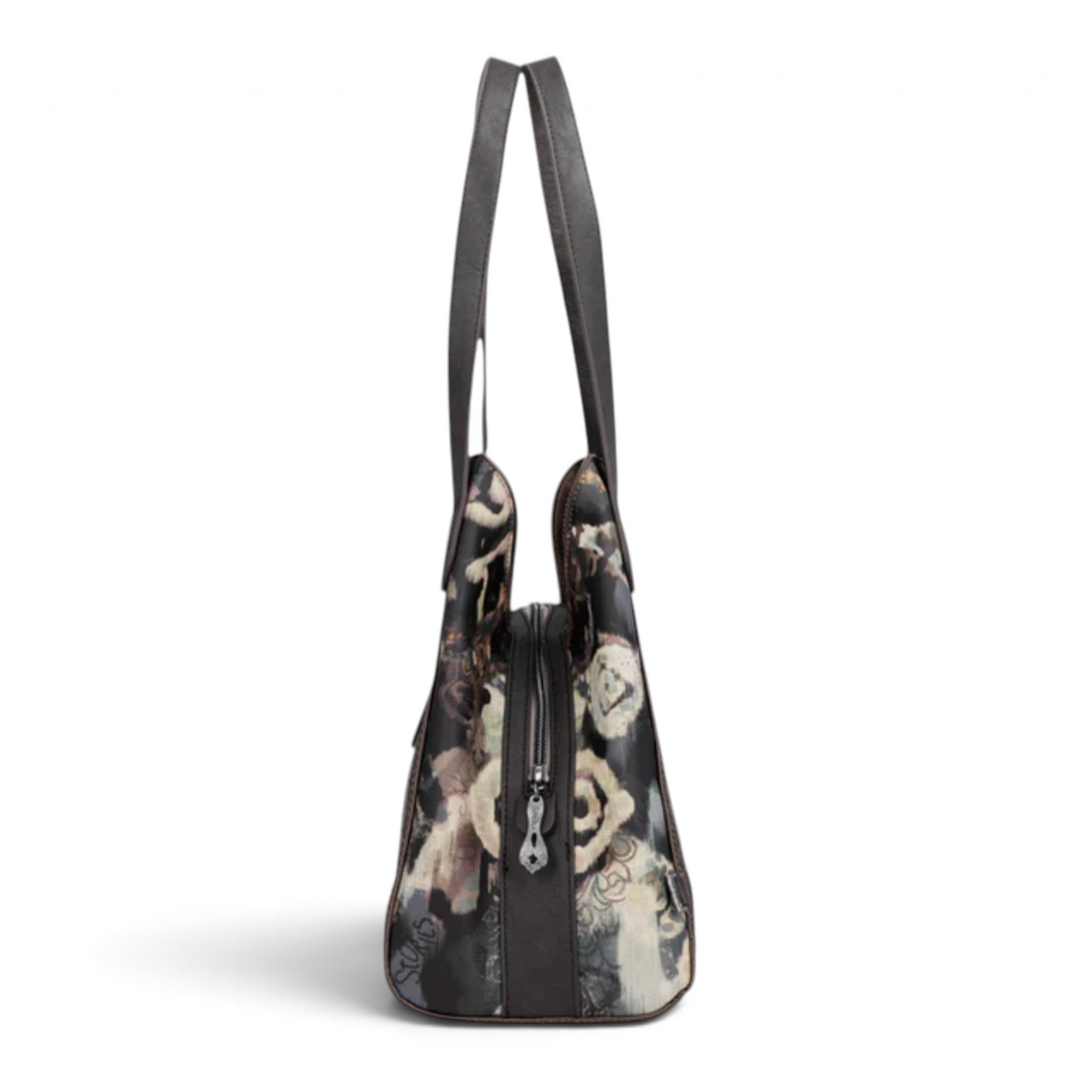 ada-shoes.ro Anekke hobo shoulder bag in grey and taupe faux leather with artistic print and side view profile