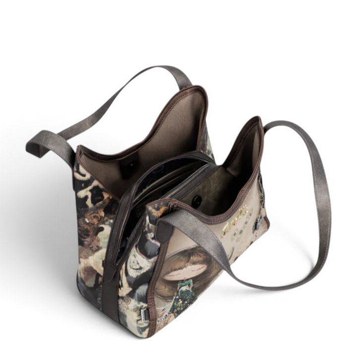 ada-shoes.ro Anekke Dreamverse hobo bag in grey and taupe faux leather with artistic illustration and shoulder straps