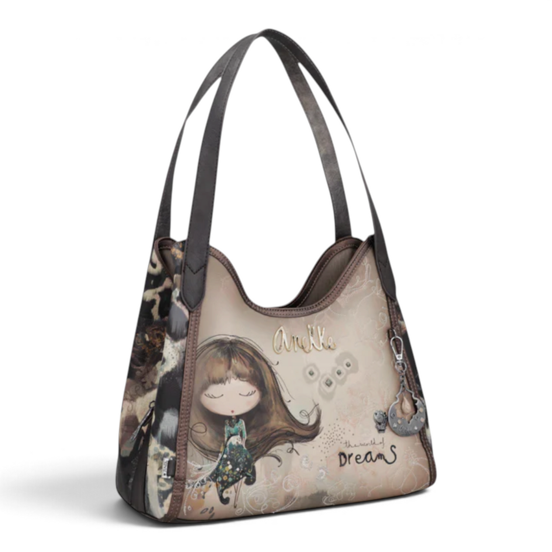 ada-shoes.ro Anekke hobo shoulder bag in grey and taupe faux leather with artistic Dreamverse illustration and charm