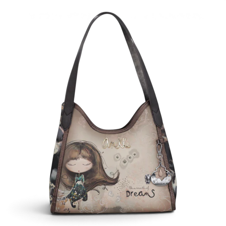 ada-shoes.ro Anekke hobo shoulder bag in grey and taupe faux leather with artistic Dreamverse illustration and charm