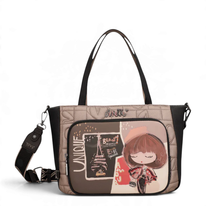 ada-shoes.ro Anekke Cœur de Paris handbag in bronze and black faux leather with Parisian illustration and shoulder strap