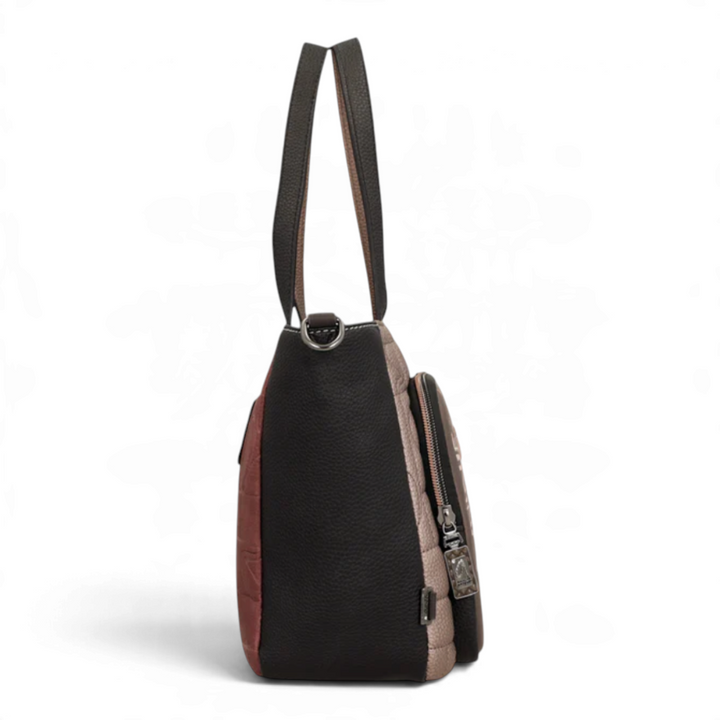 Side view of Anekke Cœur de Paris handbag from ada-shoes.ro featuring bronze, black, and burgundy faux leather panels