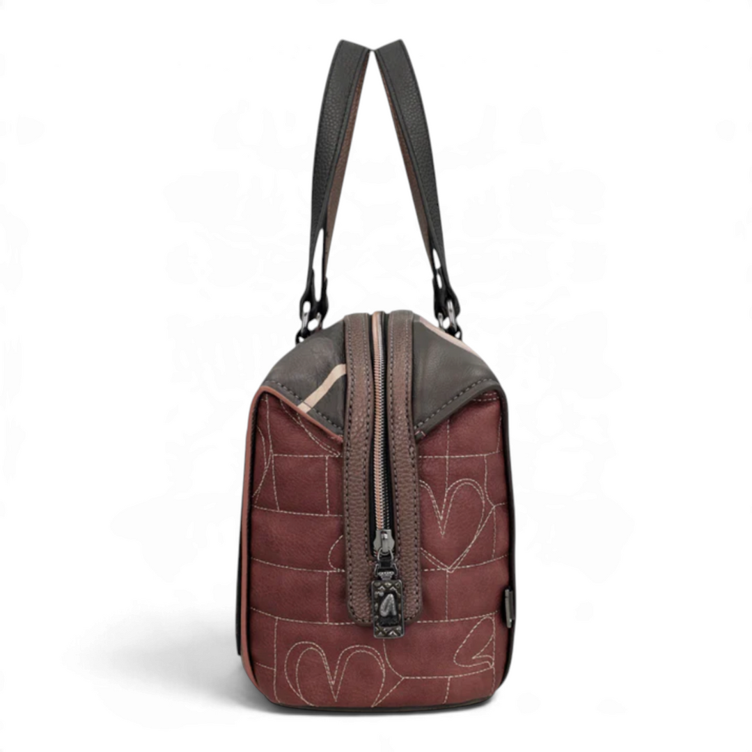 ada-shoes.ro Anekke handbag side view in burgundy faux leather with quilted heart patterns and zip closure