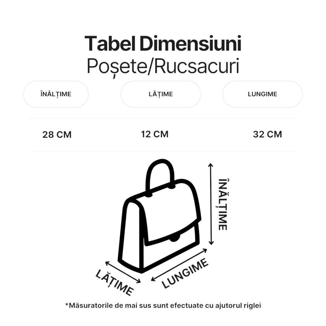 ada-shoes.ro size chart diagram for Anekke handbag showing height, width, and length dimensions in centimeters