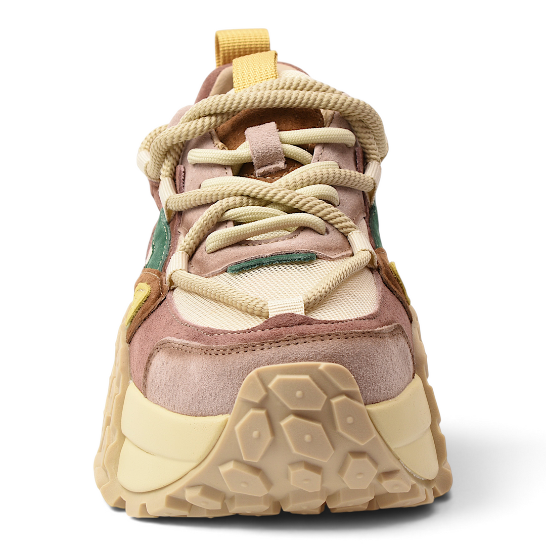 ada-shoes.ro Franco Gerardo chunky sneakers in pink, yellow, and green suede and textile with thick laces and platform sole