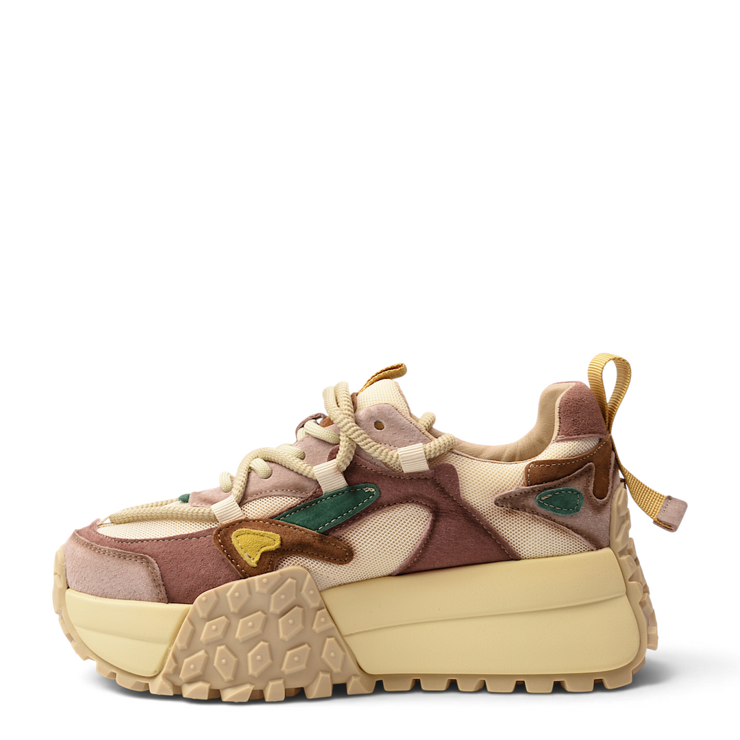 ada-shoes.ro Franco Gerardo chunky sneakers in pink, yellow, and green suede and textile with a sculptural platform sole
