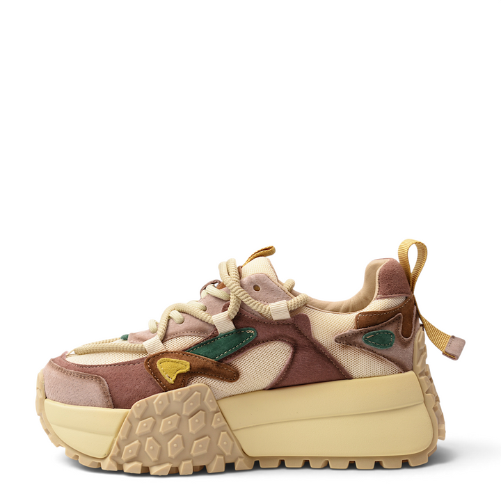 ada-shoes.ro Franco Gerardo chunky sneakers in pink, yellow, and green suede and textile with a sculptural platform sole