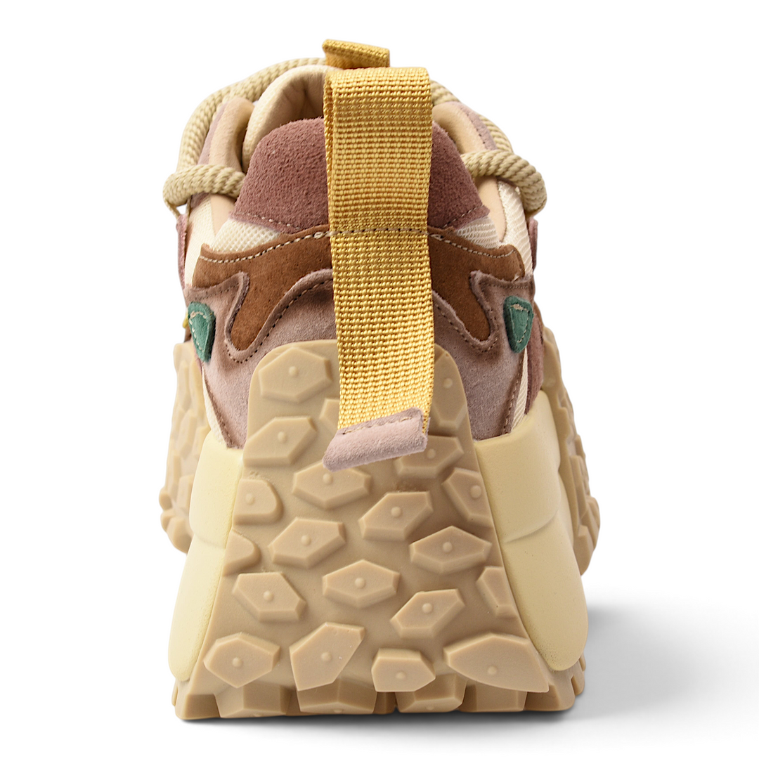 ada-shoes.ro Franco Gerardo sneakers in pink, yellow, and green suede and textile with a chunky sculptural sole, rear view
