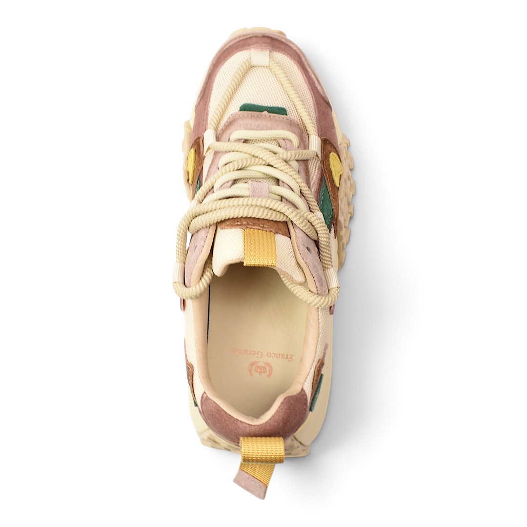ada-shoes.ro Franco Gerardo sneakers in pink, yellow, and green suede and textile with a chunky sculptural sole