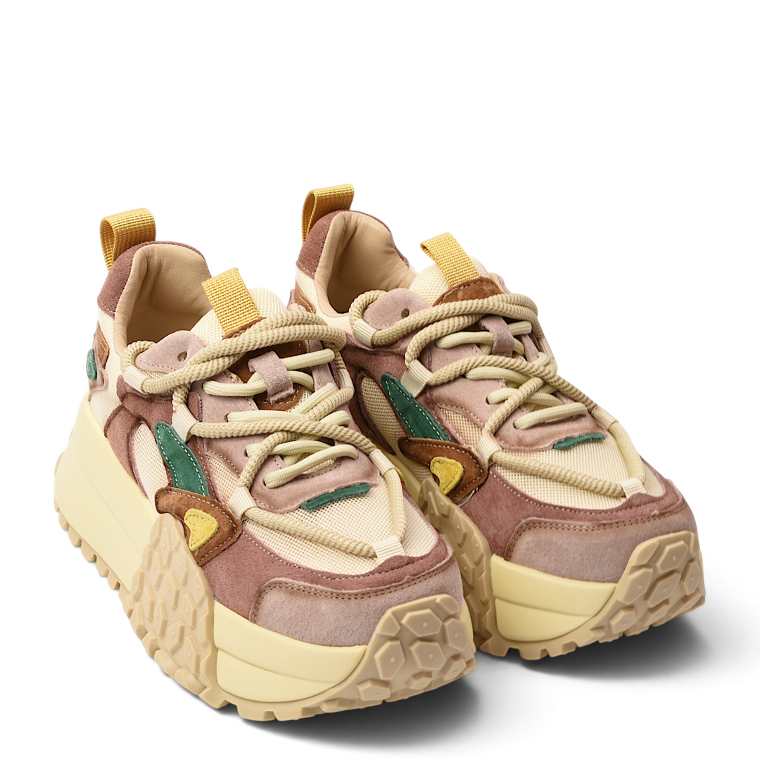 ada-shoes.ro Franco Gerardo chunky sneakers in pink, yellow, and green suede and textile with a sculptural sole