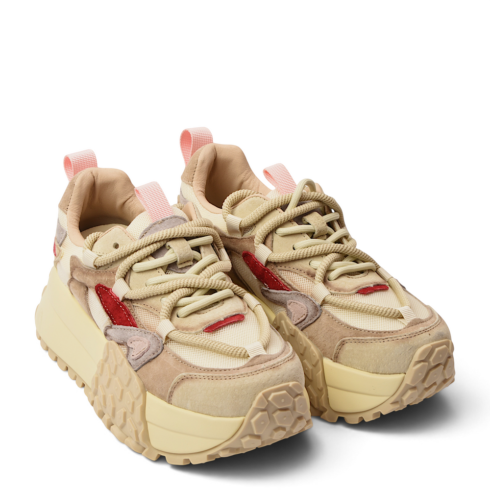 ada-shoes.ro Franco Gerardo chunky sneakers in beige suede and textile with sculptural soles and pink pull tabs.