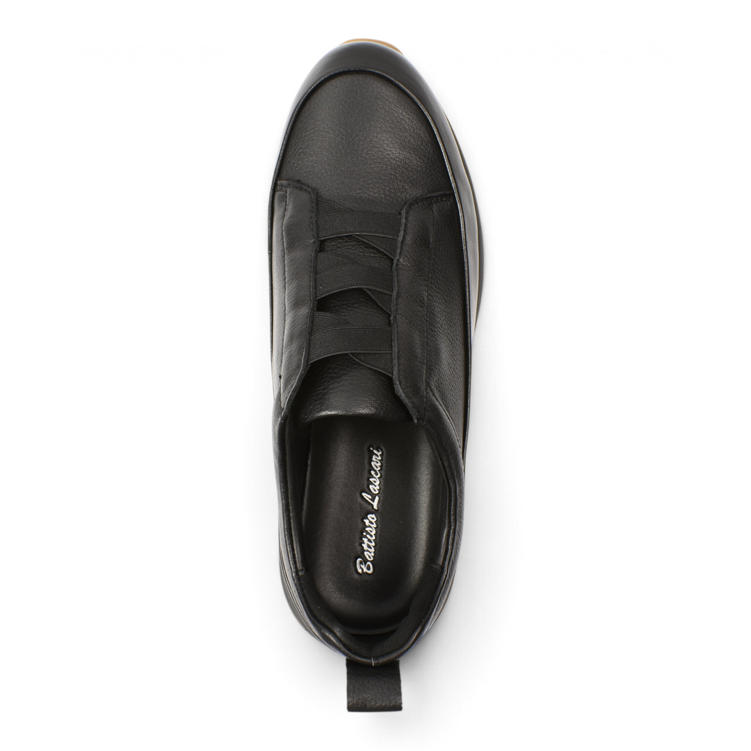 ada-shoes.ro black leather slip-on sneakers with elastic bands and a natural gum sole, top-down view.