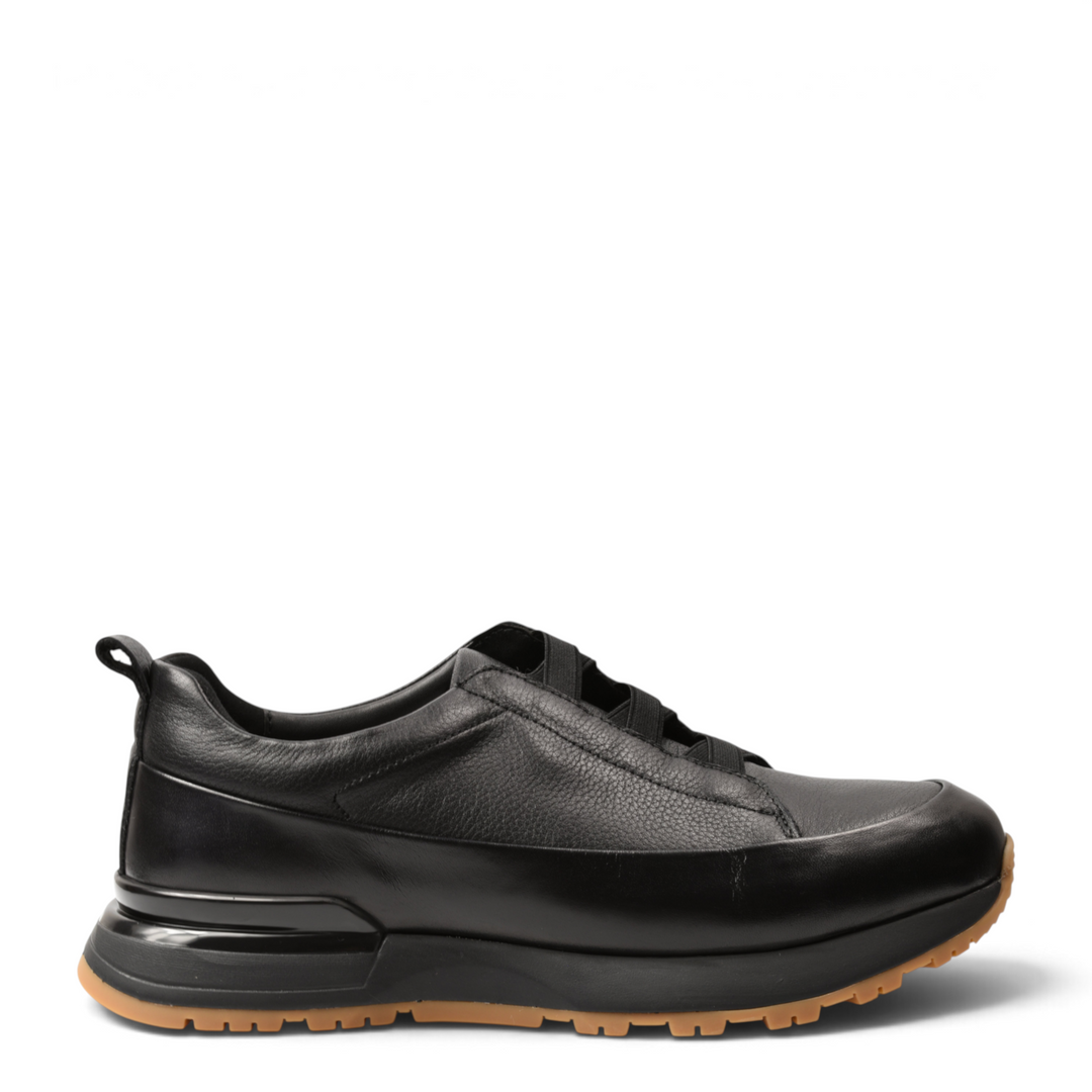ada-shoes.ro black leather slip-on sneakers with elastic bands and a gum-colored treaded sole, side view.