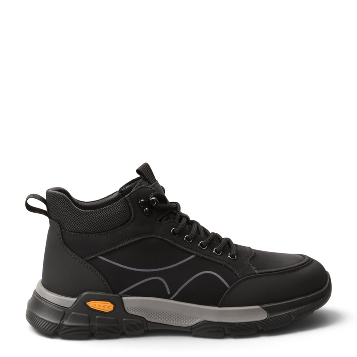 ada-shoes.ro black leather high-top sneakers with trekking-inspired design, grey and orange sole, and lace-up closure.