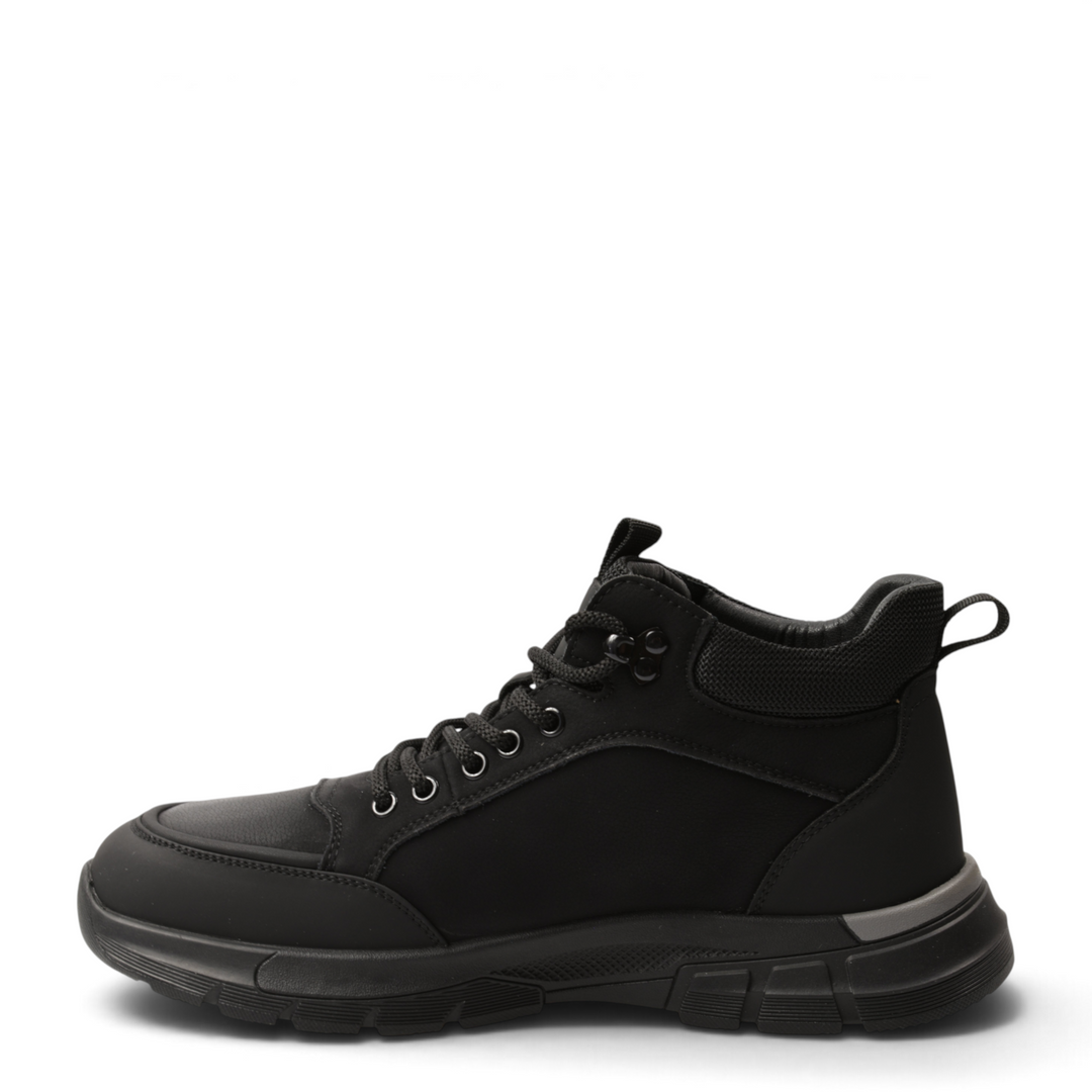 ada-shoes.ro black leather high-top sneakers with trekking-inspired design, thick lug sole, and metal eyelets.