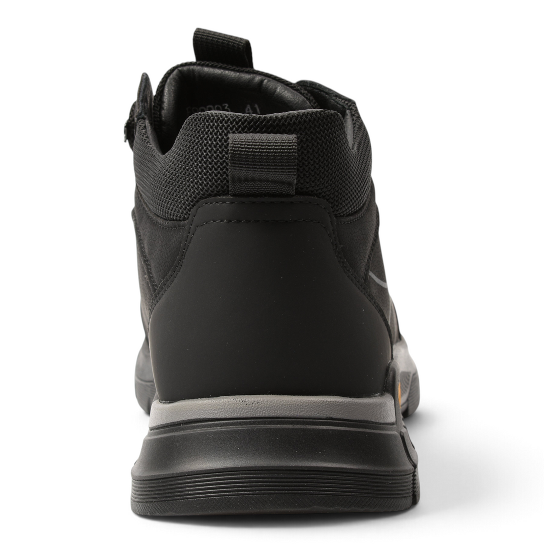 Back view of black leather high-top sneakers from ada-shoes.ro with a grey and black sole and pull-tab detail.