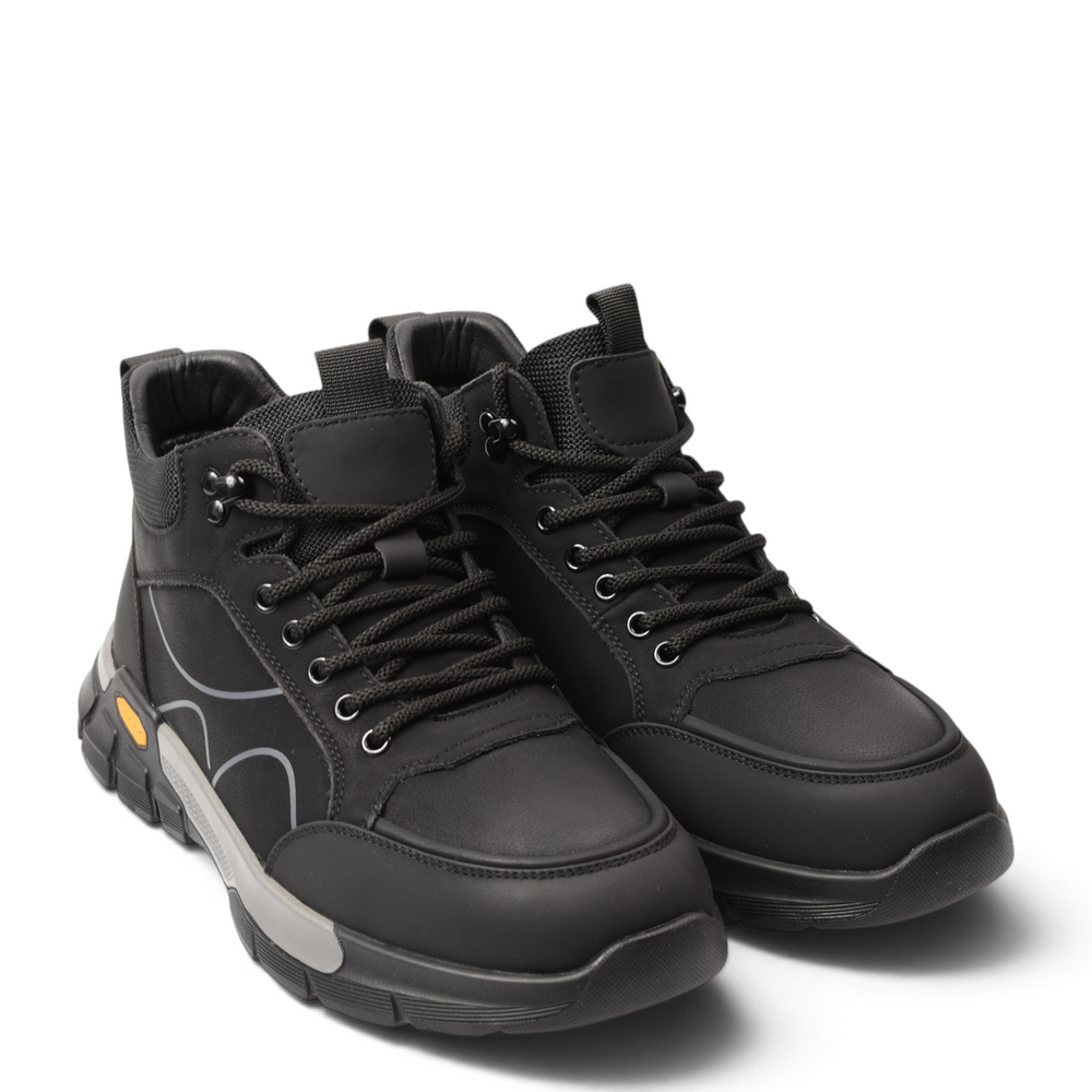 ada-shoes.ro black leather high-top sneakers with trekking-inspired design, lace-up closure, and durable bicolor sole.