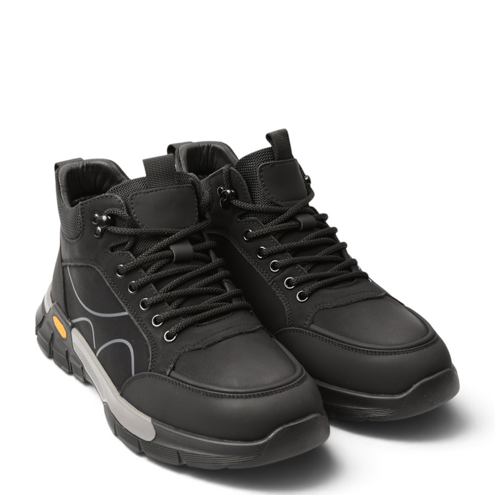 ada-shoes.ro black leather high-top sneakers with trekking-inspired design, lace-up closure, and durable bicolor sole.