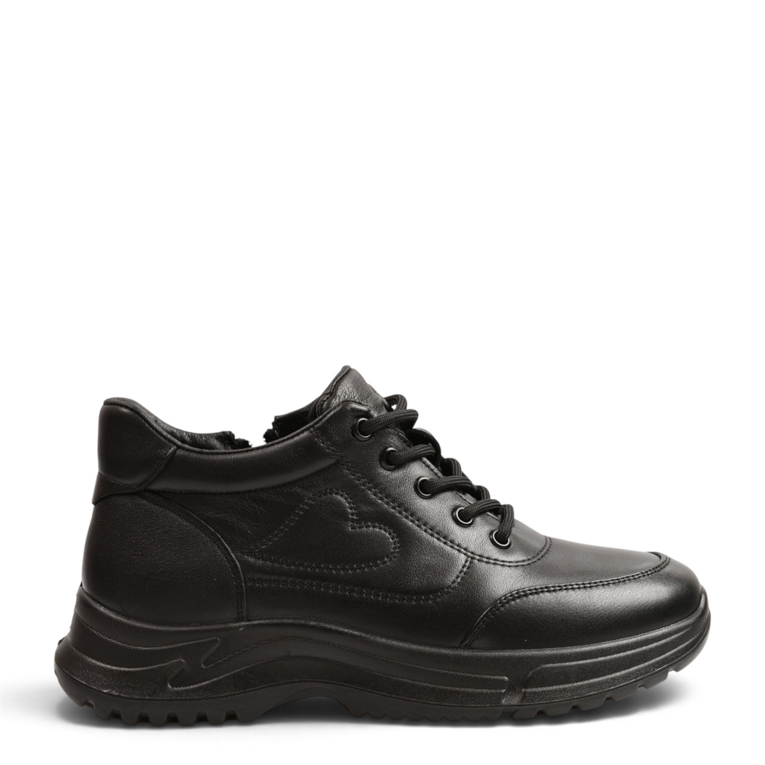 ada-shoes.ro black leather sneakers with side zipper, laces, and heart detail on a thick, flexible rubber sole