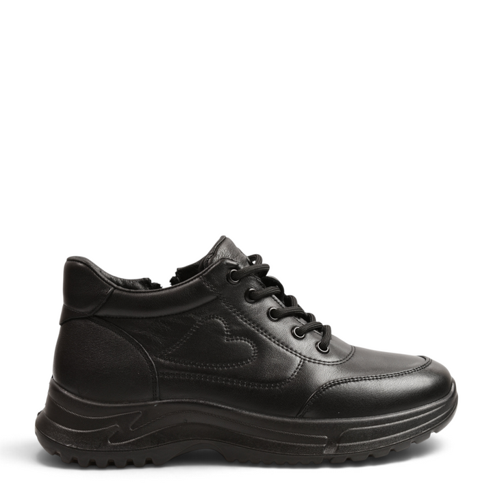 ada-shoes.ro black leather sneakers with side zipper, laces, and heart detail on a thick, flexible rubber sole